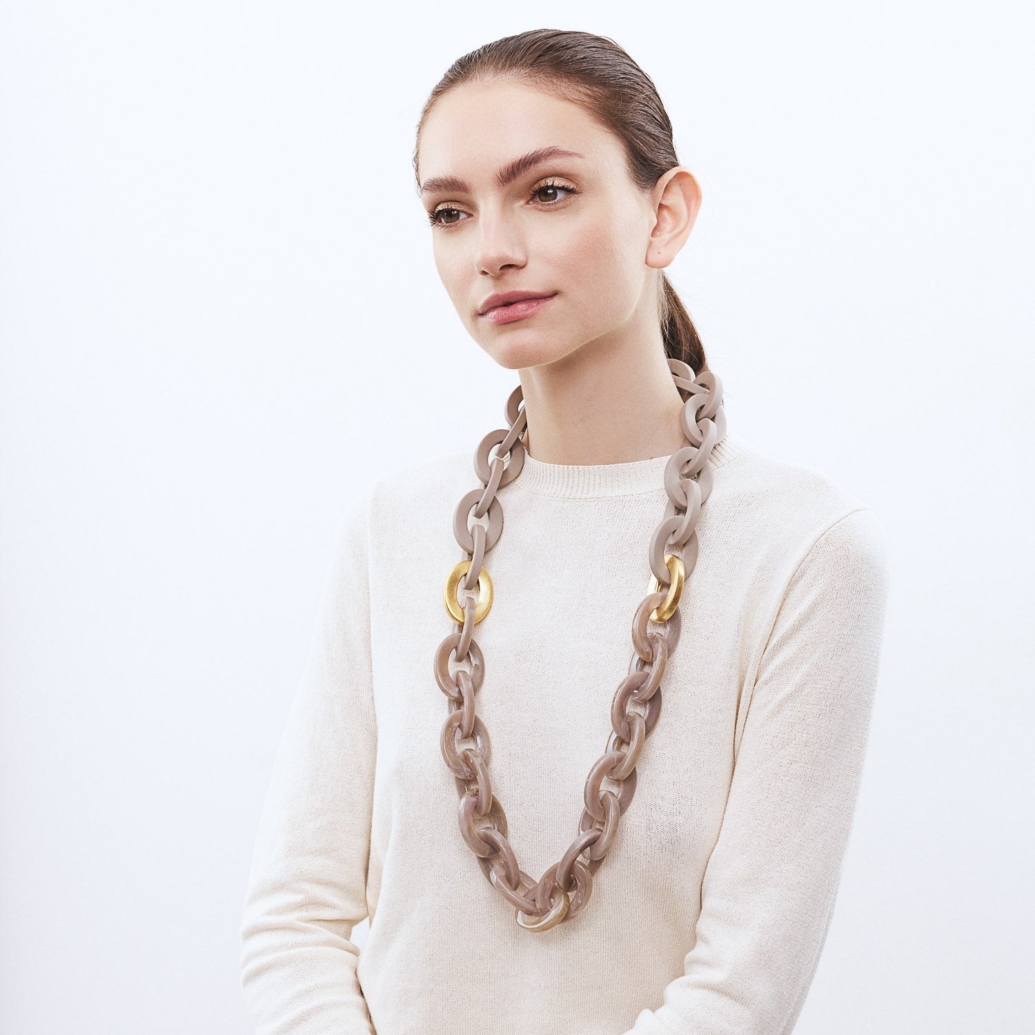 Oval Necklace Long with Gold - Greige Marble - Matt Light Taupe - Vanessa Baroni