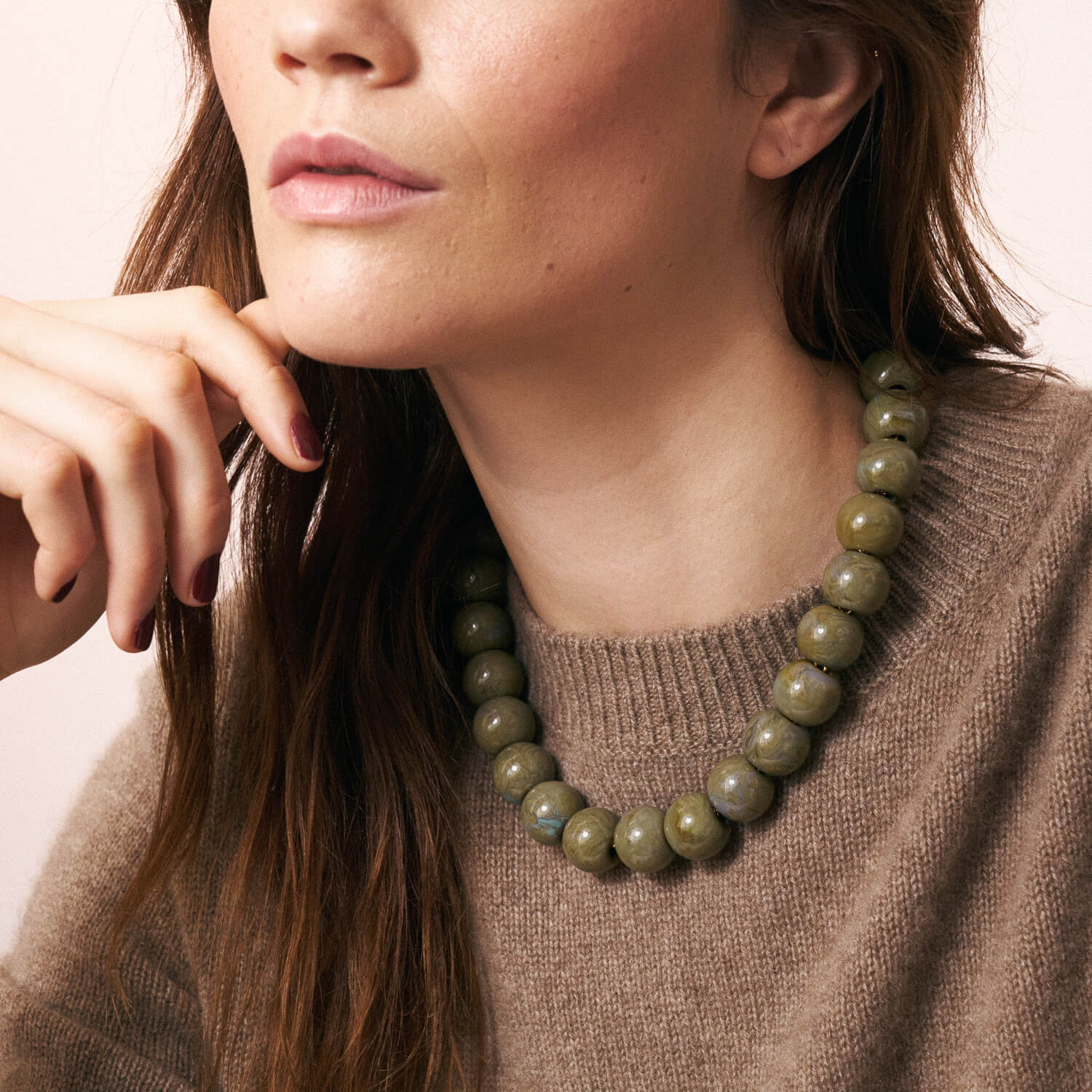 Small Beads Necklace Short Light Olive Marble - Vanessa Baroni