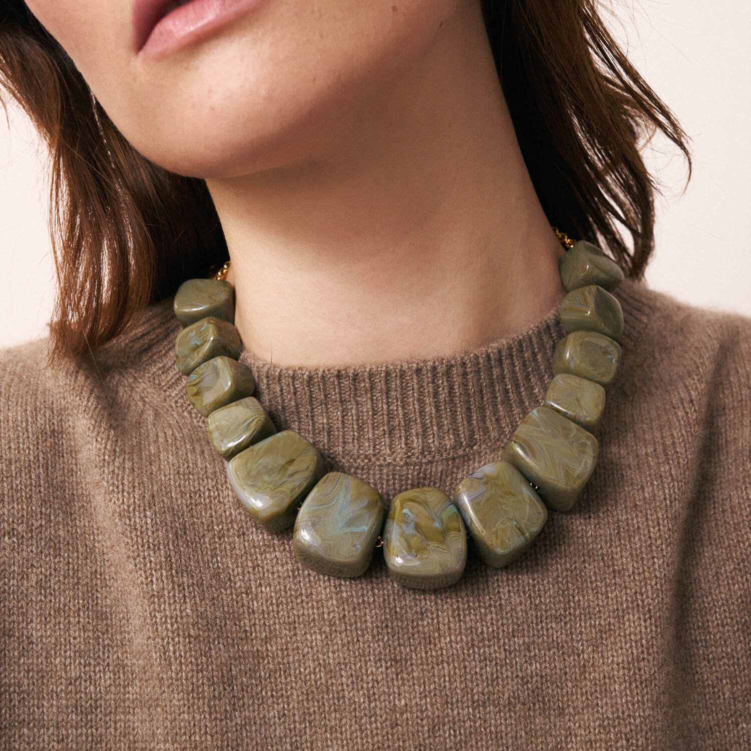 Big Organic Shaped Necklace Light Olive Marble - Vanessa Baroni